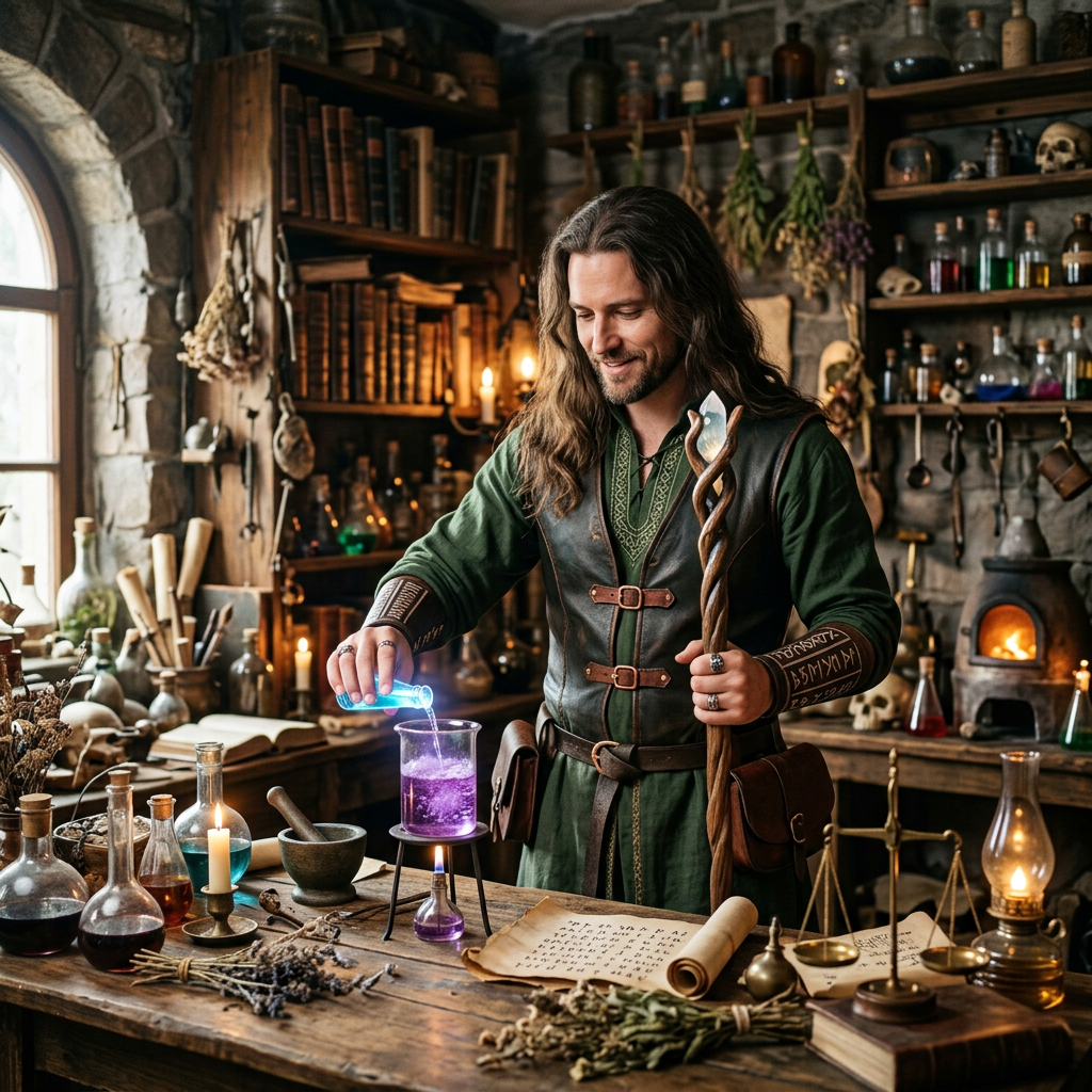Medieval alchemist pouring blue liquid into beaker with purple potion in cozy laboratory