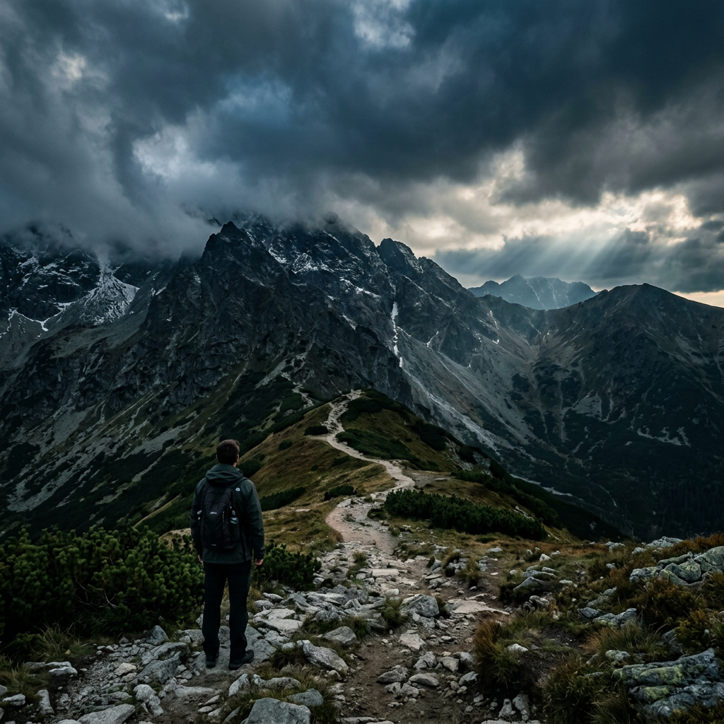 Hiker standing on rocky trail looking at dark, cloud-covered mountain peaks with sun rays breaking through
