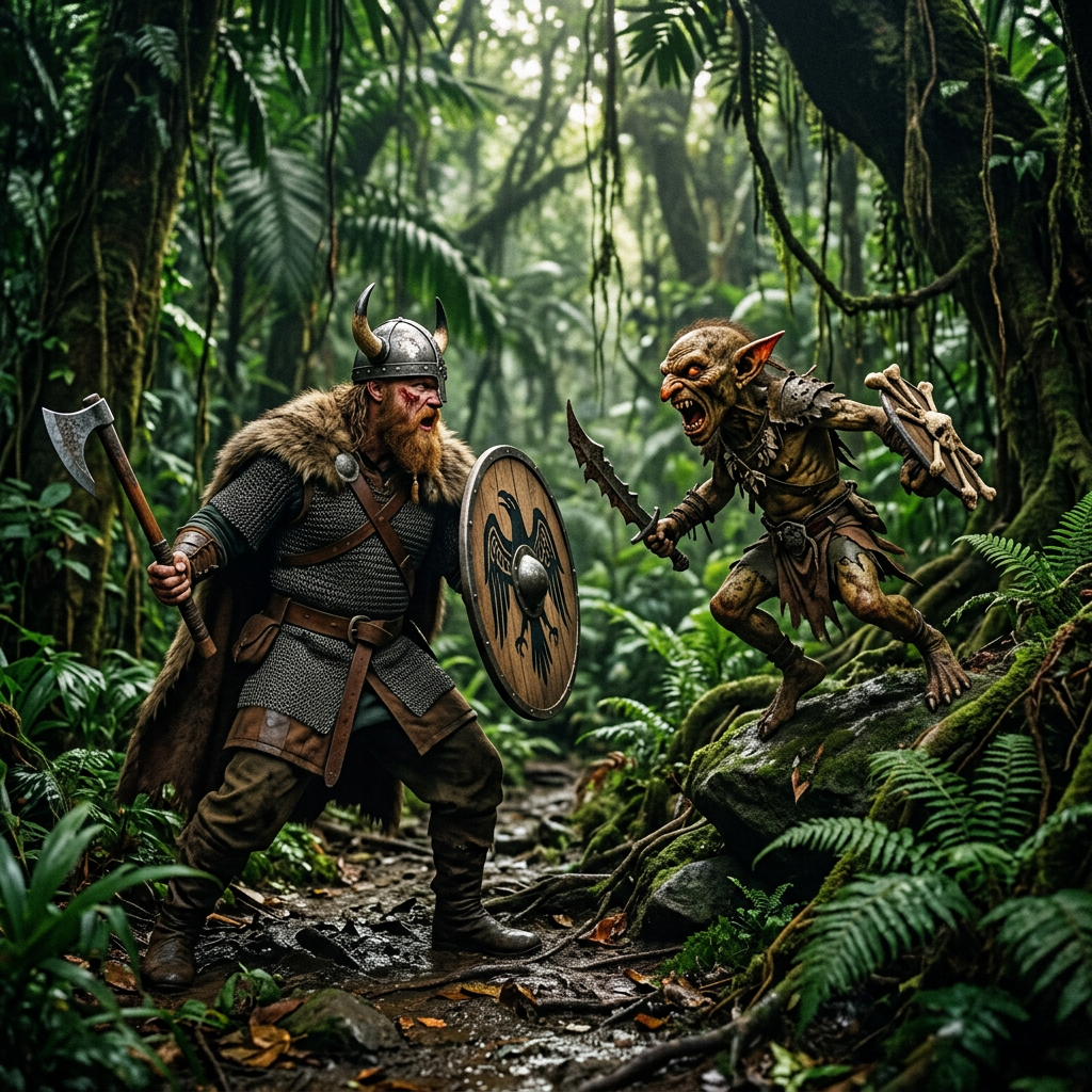 Viking warrior with axe and shield facing aggressive goblin with dagger in jungle