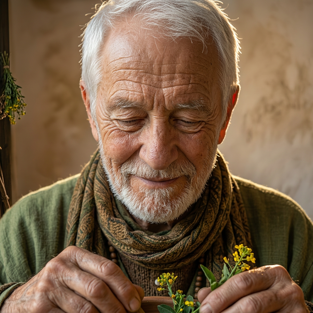 Elderly woman mixing yellow herbs in a wooden bowl inside a rustic herbal cabin