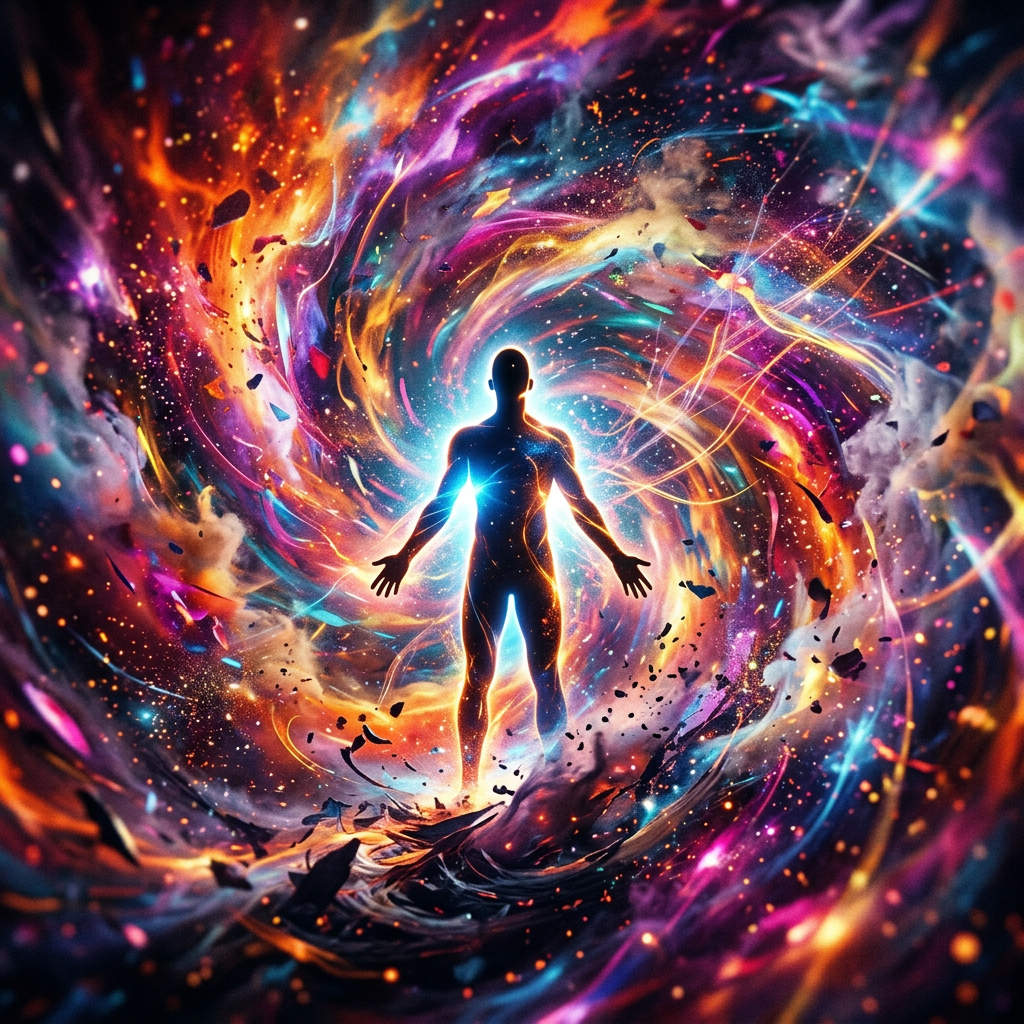 Silhouetted human figure surrounded by swirling vibrant cosmic energy and colorful particles