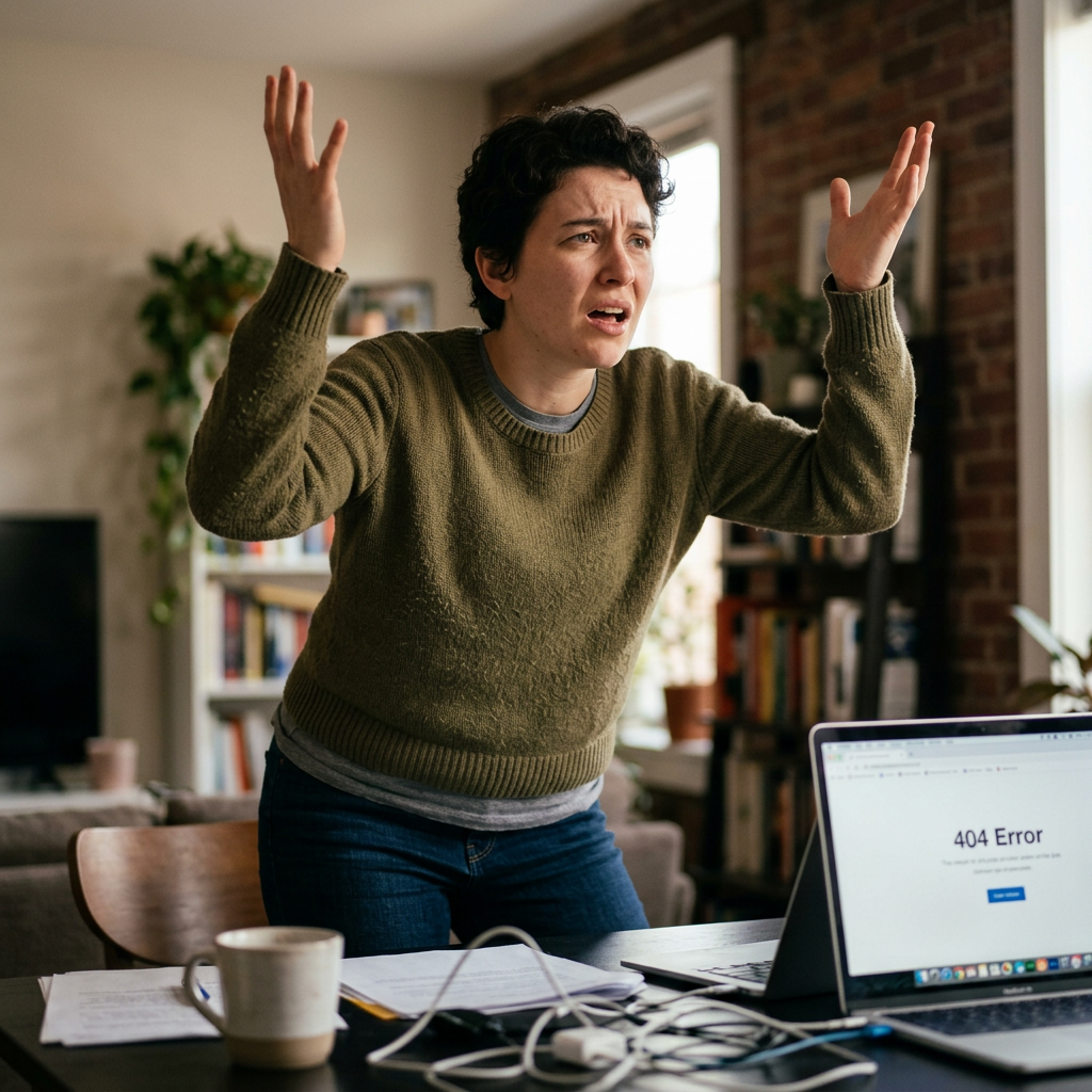 Person with raised hands frustrated by 404 error on laptop screen