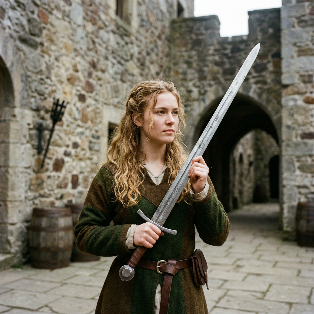 Young woman holding a longsword in a medieval castle courtyard