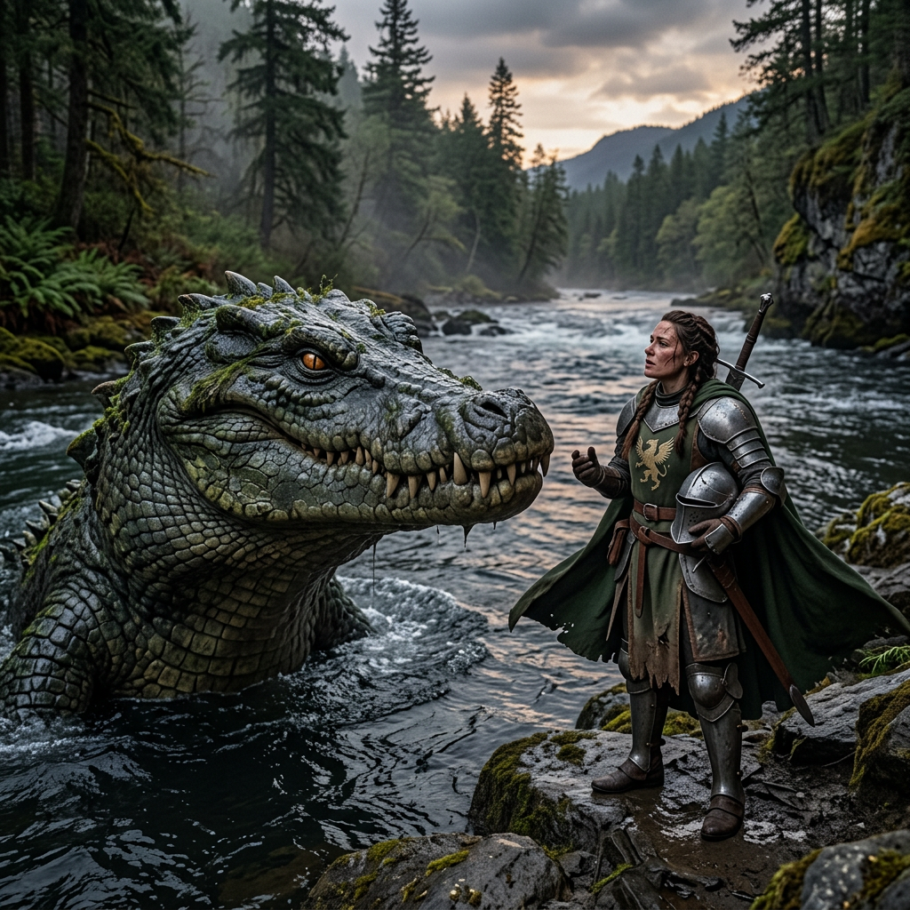 Knight in armor facing a large dragon head in a forest river